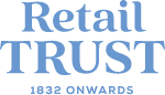 The logo for retail trust. It is a serif font in light blue.