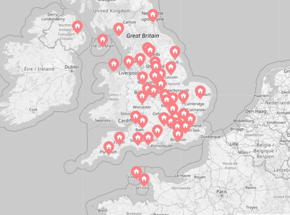 a map with small pointer icons indicating all of the locations in england and wales where there are relate centres