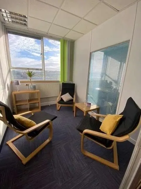 A room with a large window, and green curtains. Three armchairs are in the room facing eachother.