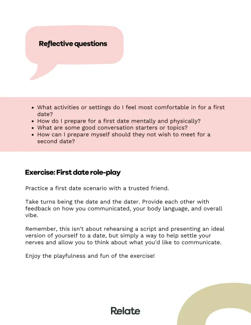 An image of a page in the toolkit which has a role play exercise for pretending you're on a date.