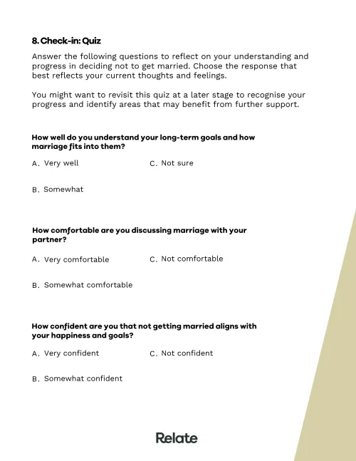 Page from the toolkit showing questions that make up a quiz about not getting married.