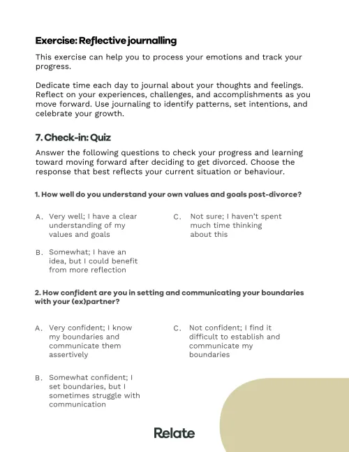 An image of a page in the toolkit which contains questions to help the reader consider where they're at with deciding to get divorced.