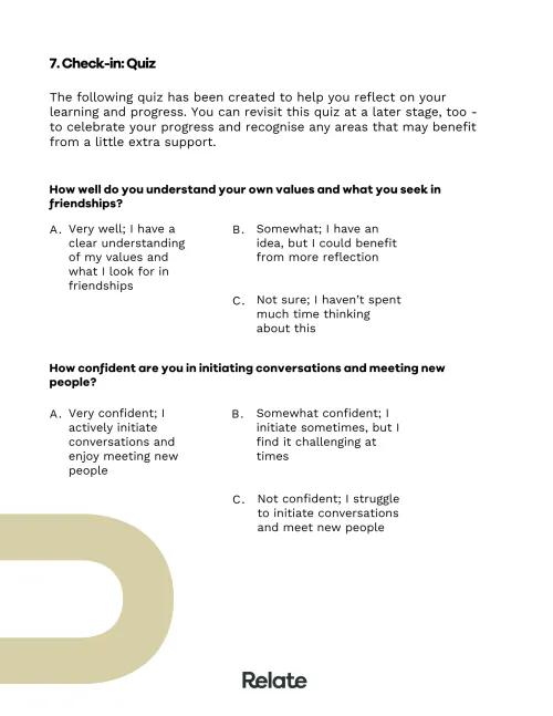 An image of a page in the toolkit which contains questions to help the reader consider their journey to making new friends.