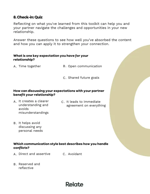 An image of a page in the toolkit which contains questions to help the reader consider their journey through stumbling blocks in new relationships.