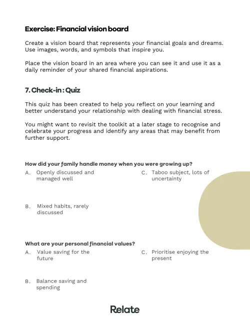 An image of a page in the toolkit which contains questions to help the reader consider where they're at with dealing with financial stress.