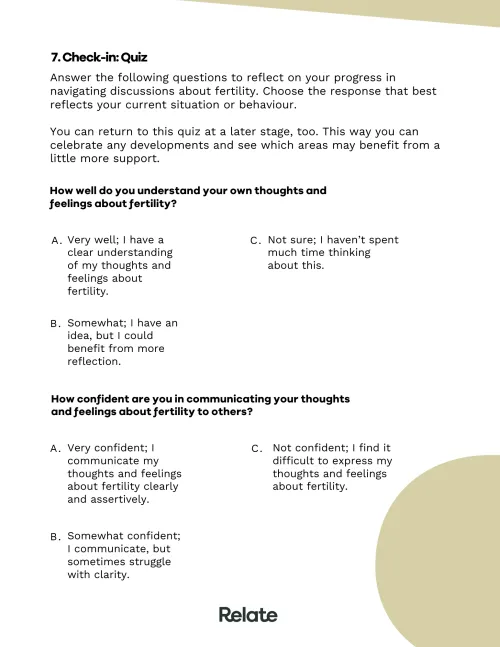 An image of a page in the toolkit which contains questions to help the reader consider their journey to having conversations about fertility.