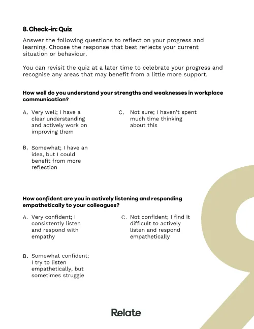 An image of a page in the toolkit which contains questions to help the reader consider their journey to forming better relationships at work.