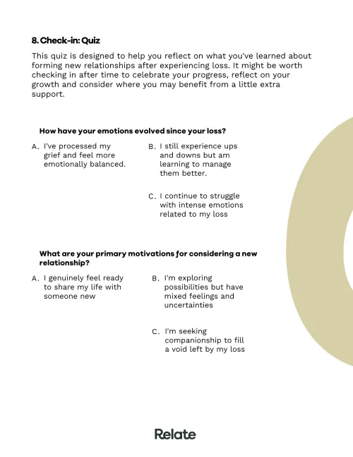 An image of a page in the toolkit which contains questions to help the reader consider their journey with forming new relationships after loss.