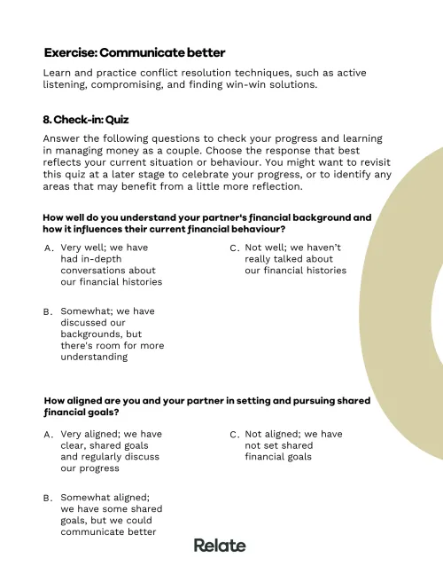 An image of a page in the toolkit which contains questions to help the reader consider where they're at with managing money as a couple.