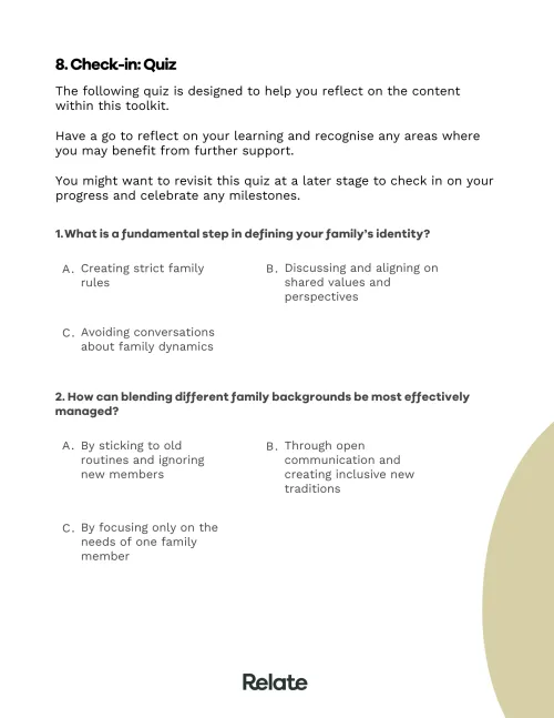 An image of a page in the toolkit which contains questions to help the reader consider their journey building a modern family.