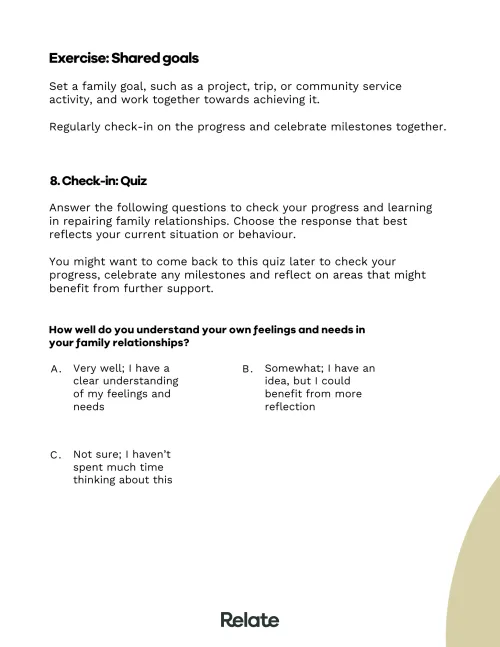 An image of a page in the toolkit which contains questions to help the reader consider their journey to having conversations about repairing family relationships.