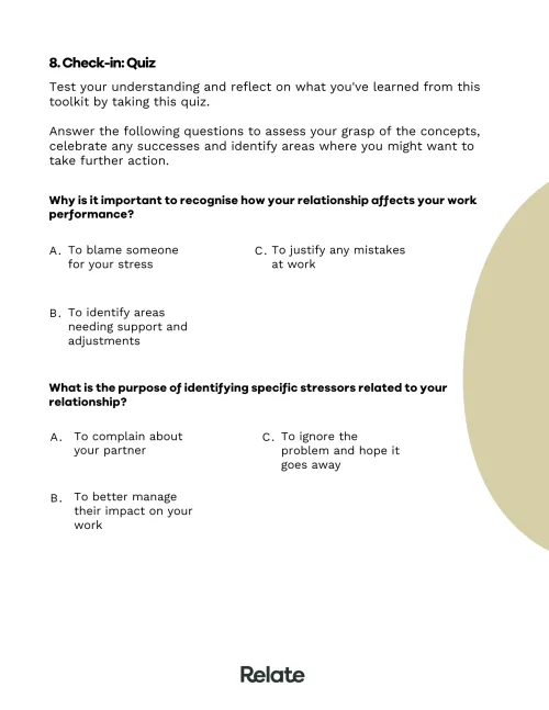 An image of a page in the toolkit which contains questions to help the reader consider their journey to coping when their love life is affecting them at work.