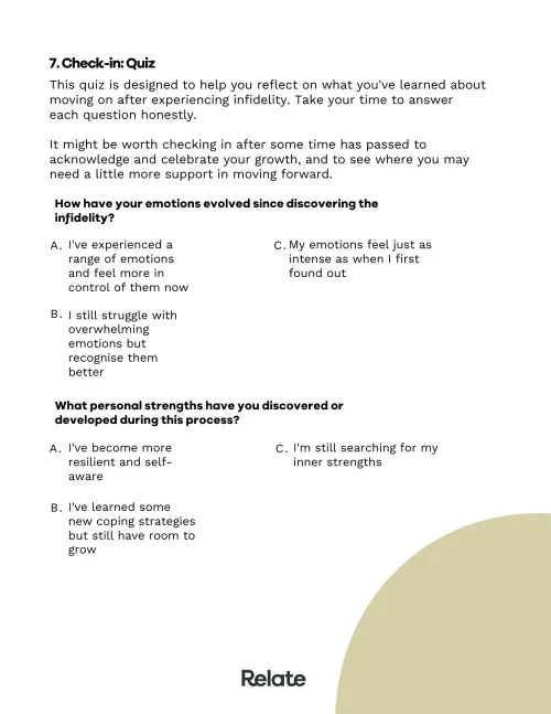 An image of a page in the toolkit which contains questions to help the reader consider their journey after being cheated on.