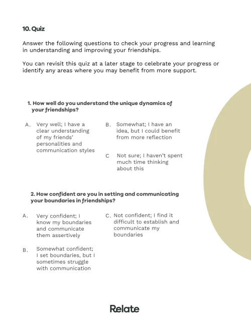 An image of a page in the toolkit which contains questions to help the reader consider where they're at with dealing with a difficult friendship.