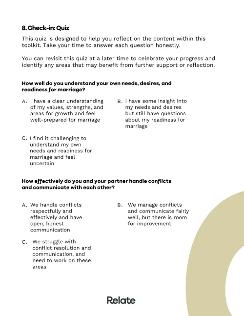 An image of a page in the toolkit which contains questions to help the reader consider where they're at with deciding to get married.