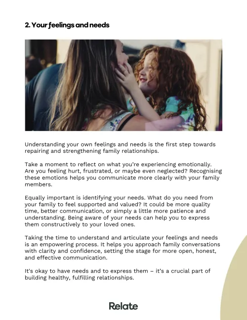 An imagine of a page in the toolkit which contains information to help you learn more about topics like how to manage your needs and emotions when having conversations about repairing family relationships.