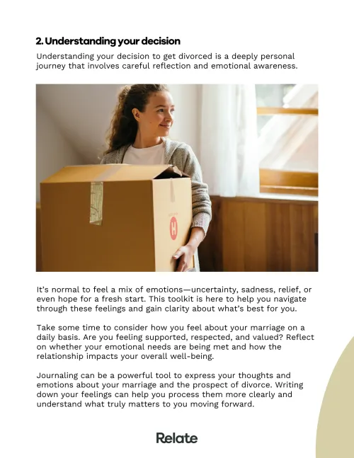 An image of a page in the toolkit which contains information about topics like understanding your decision to get divorced.