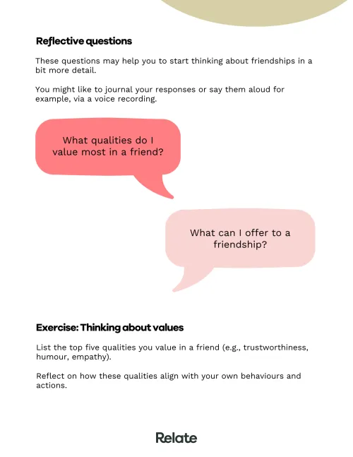 An image of a page in the toolkit which contains exercises and reflective questions to help the reader with forming new friendships.