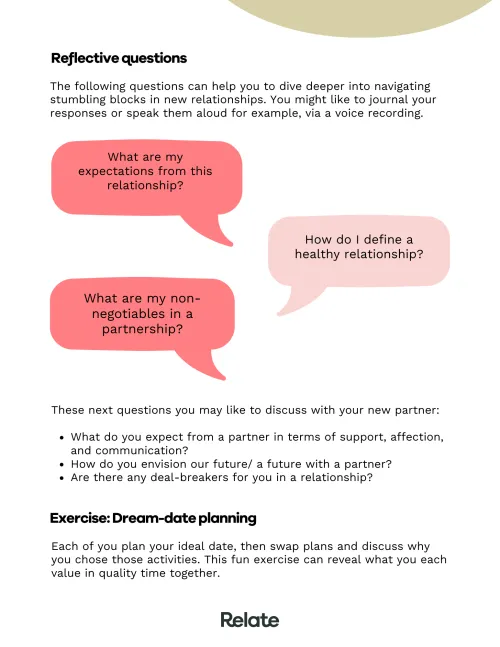 An image of a page in the toolkit which contains exercises and reflective questions to help the reader with working through stumbling blocks in new relationships.