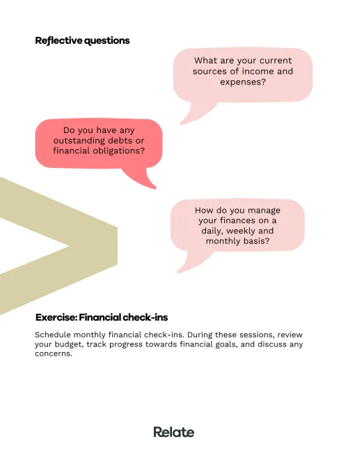 An image of a page in the toolkit which contains exercises and reflective questions to help the reader with dealing with financial stress.