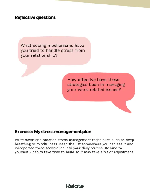 An image of a page in the toolkit which contains exercises and reflective questions to help the reader with coping when your love life is affecting you at work.